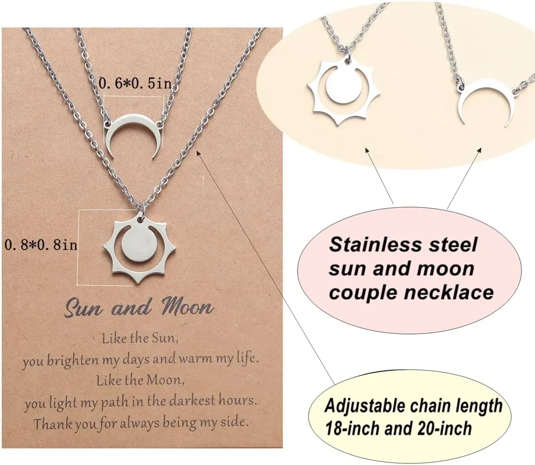 felson Couple Matching Necklace Sun and Moon Handmade Adjustable Pendant Stainless Steel Choker Necklaces for Women Men Couples Valentine's Day Birthday with Message Card Jewelry Gifts