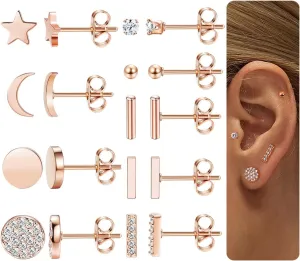 FIBO STEEL 9 Pairs Stainless Steel Stud Earrings for Women Star Moon Bar CZ Earring Stud Sets Cute Hypoallergenic Small Stud Earring