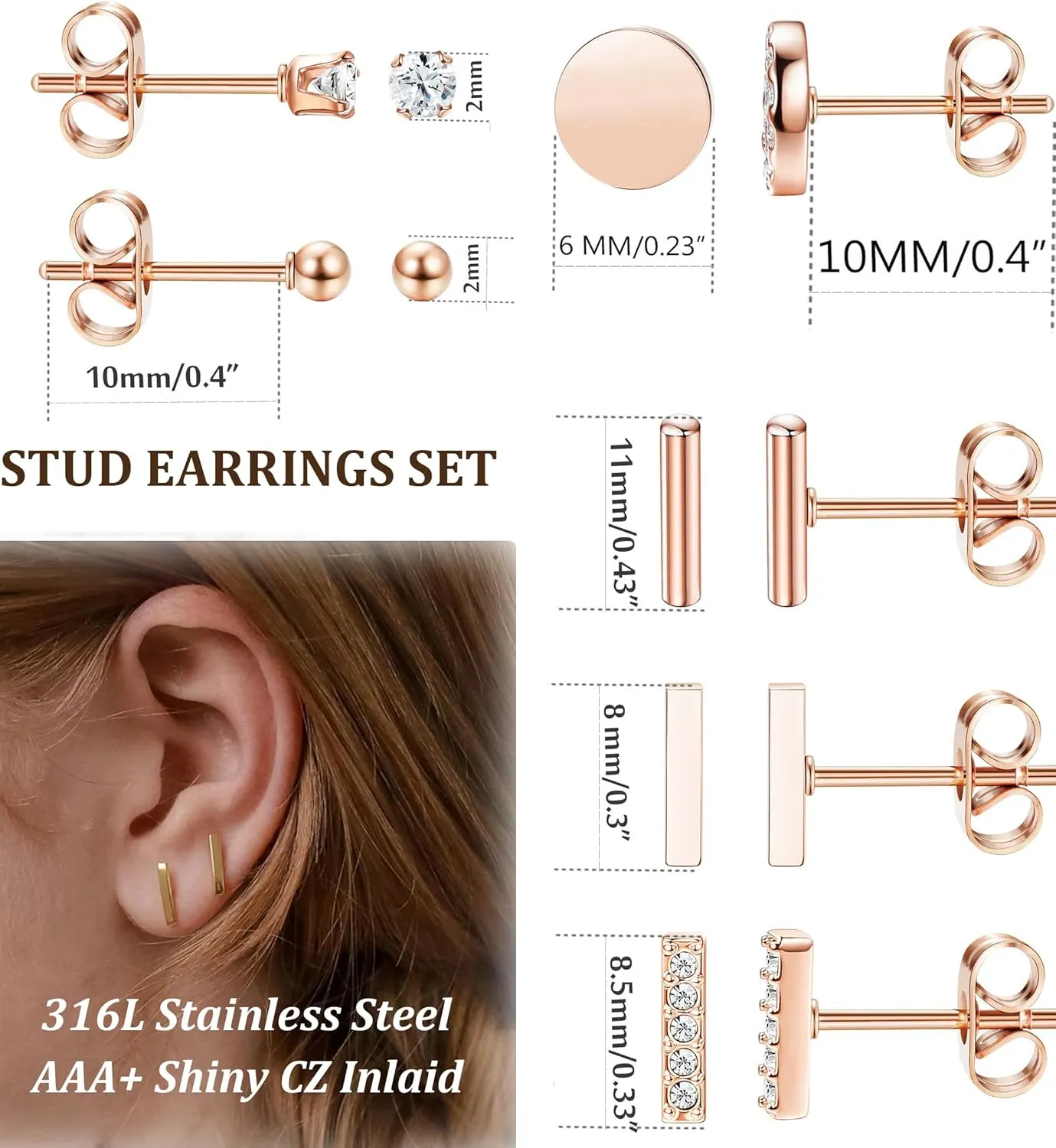 FIBO STEEL 9 Pairs Stainless Steel Stud Earrings for Women Star Moon Bar CZ Earring Stud Sets Cute Hypoallergenic Small Stud Earring