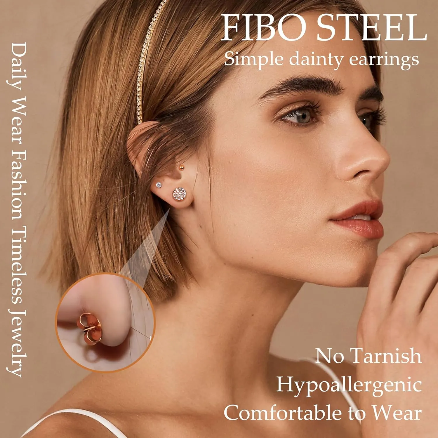 FIBO STEEL 9 Pairs Stainless Steel Stud Earrings for Women Star Moon Bar CZ Earring Stud Sets Cute Hypoallergenic Small Stud Earring
