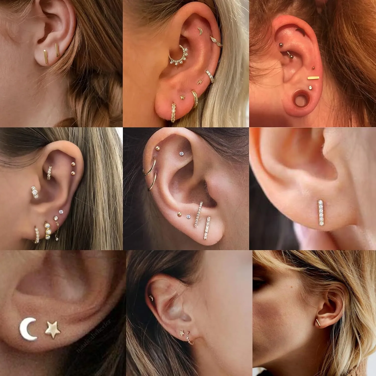 FIBO STEEL 9 Pairs Stainless Steel Stud Earrings for Women Star Moon Bar CZ Earring Stud Sets Cute Hypoallergenic Small Stud Earring