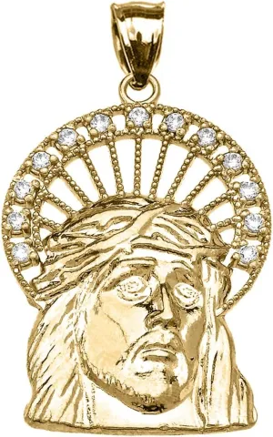 Fine 10k Gold Diamond-Studded Halo Jesus Face Pendant