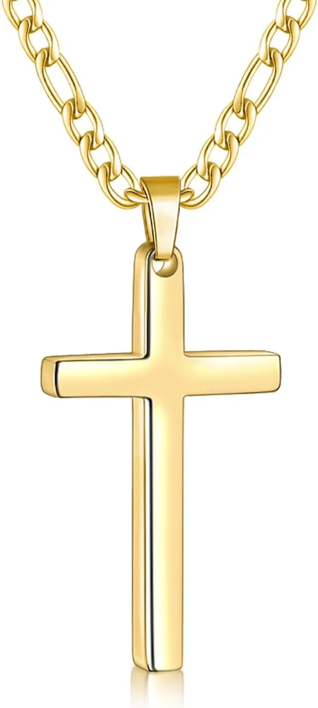 Fiusem Cross Necklace for Men, Stainless Steel Mens Cross Necklaces with 3.5mm Figaro Cross Chain, Gold Plated Medium Cross Chain Necklace, 16 Inches