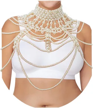 Florry Pearl body Chain Bra Shoulder Necklace Jewelry for Women Pearl Bra Chains for Wedding Costume Easter Photoshoot