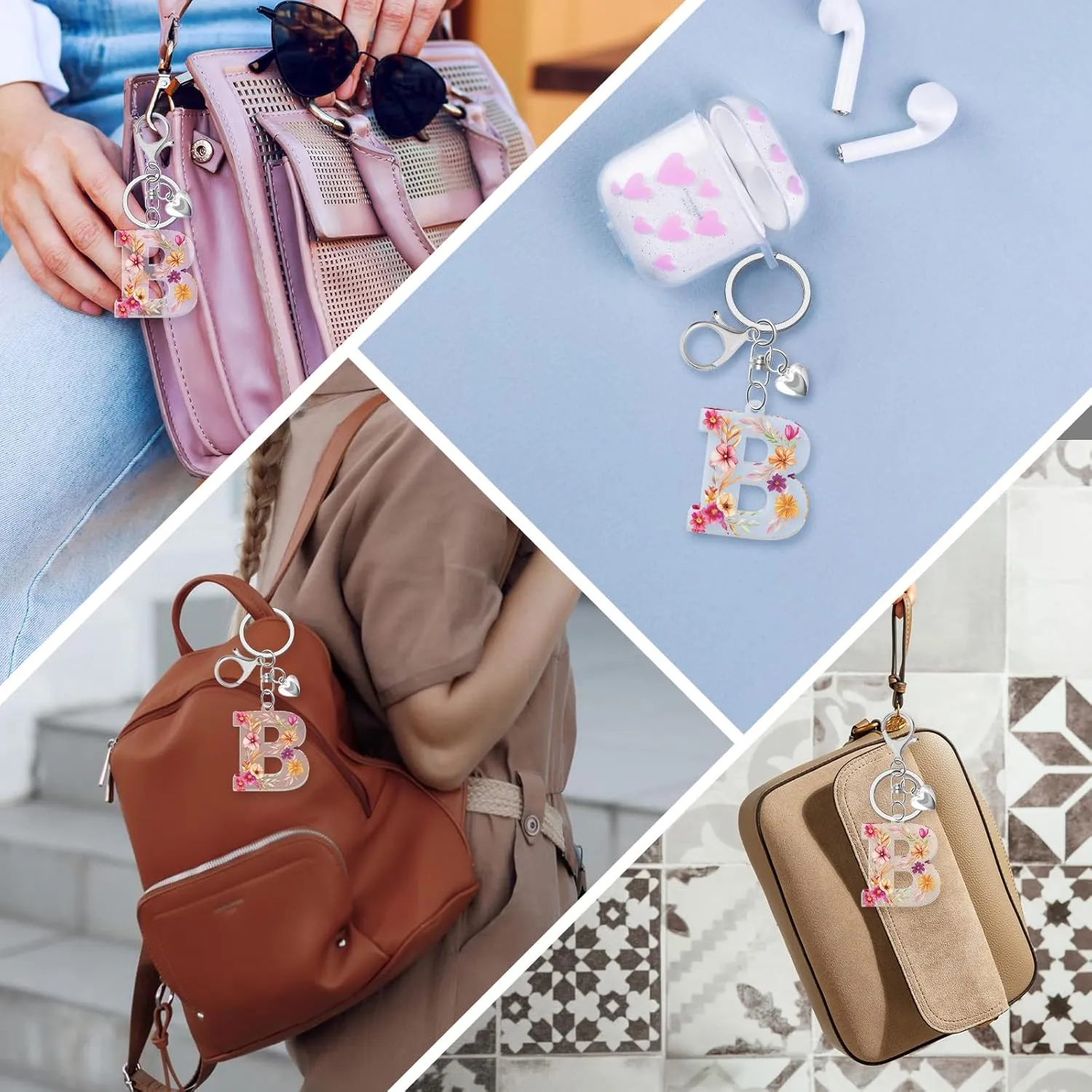 Flower A-Z Letter Keychain for Women, Initial Alphabet Key Chains with Small Silver Heart, English Charm Keychain