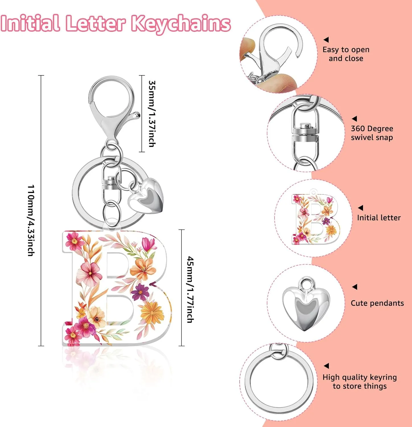 Flower A-Z Letter Keychain for Women, Initial Alphabet Key Chains with Small Silver Heart, English Charm Keychain