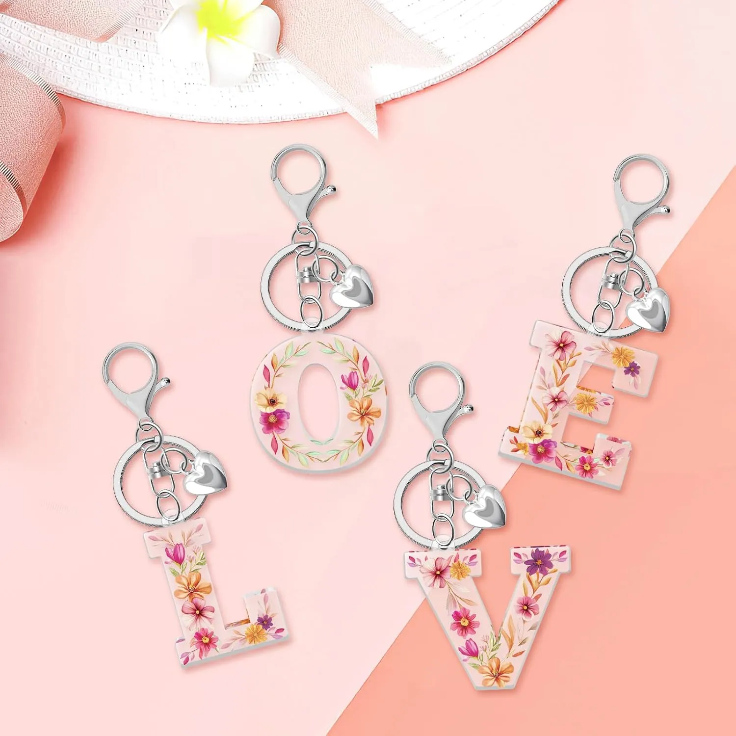 Flower A-Z Letter Keychain for Women, Initial Alphabet Key Chains with Small Silver Heart, English Charm Keychain