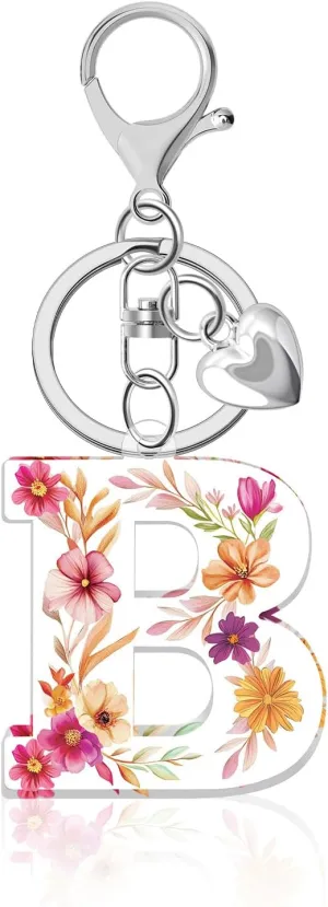 Flower A-Z Letter Keychain for Women, Initial Alphabet Key Chains with Small Silver Heart, English Charm Keychain