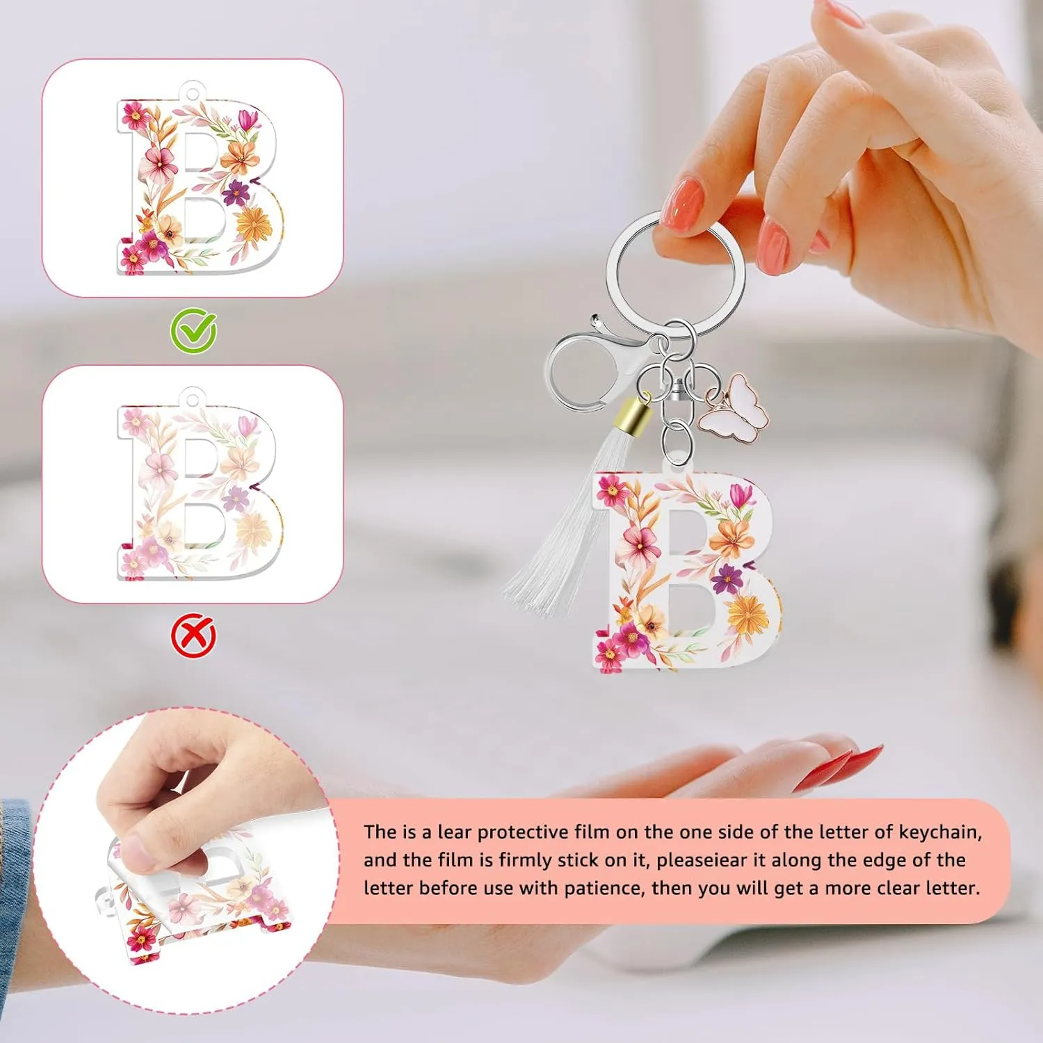 Flower A-Z Letter Keychain for Women, Initial Alphabet Key Chains with Small Silver Heart, English Charm Keychain