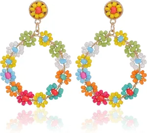 Flower Boho Beaded Round Shape Earrings Plated Gold with Colorful Varieties of Earrings for Women Dangled Bohemian Jewelry