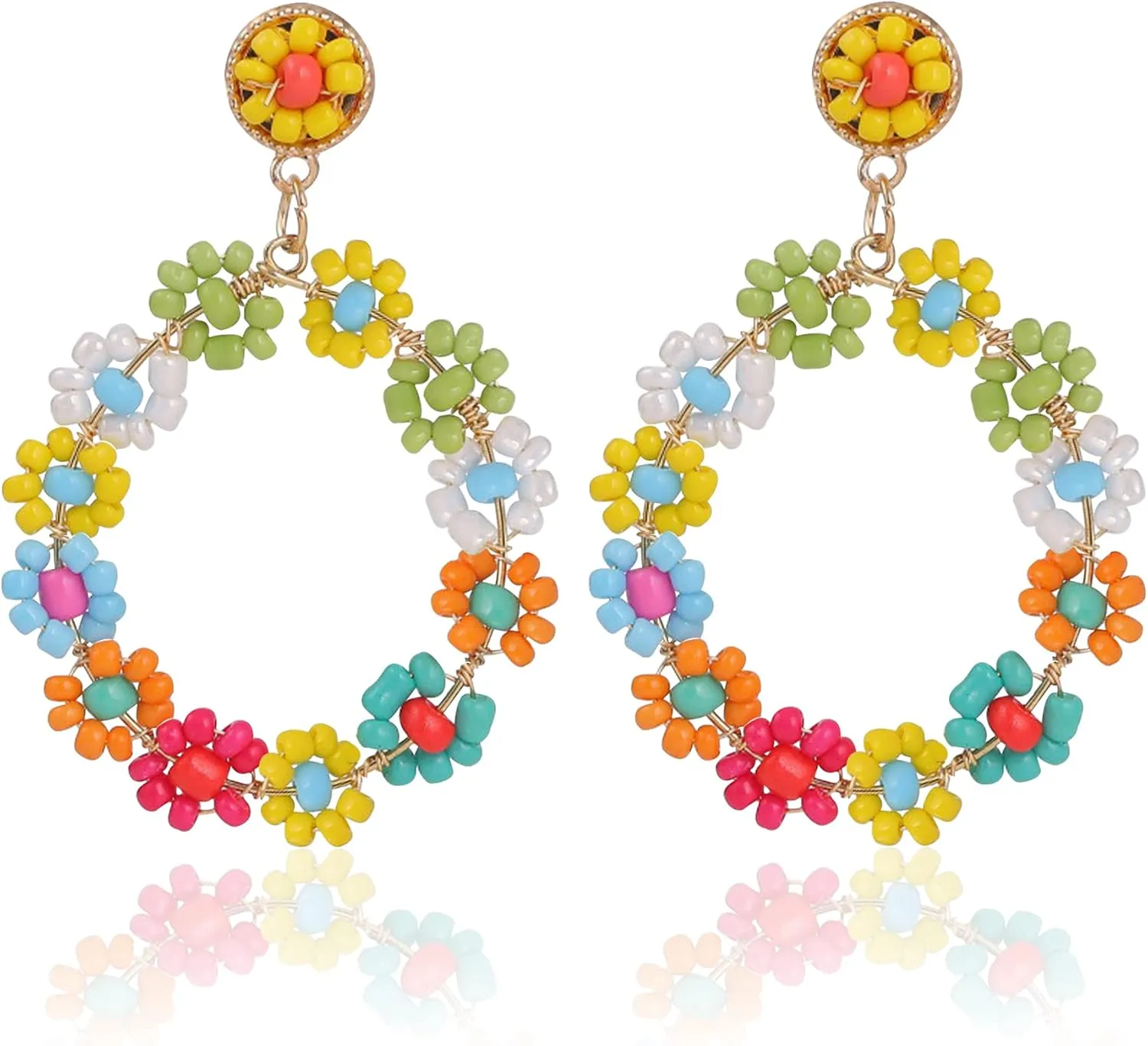 Flower Boho Beaded Round Shape Earrings Plated Gold with Colorful Varieties of Earrings for Women Dangled Bohemian Jewelry
