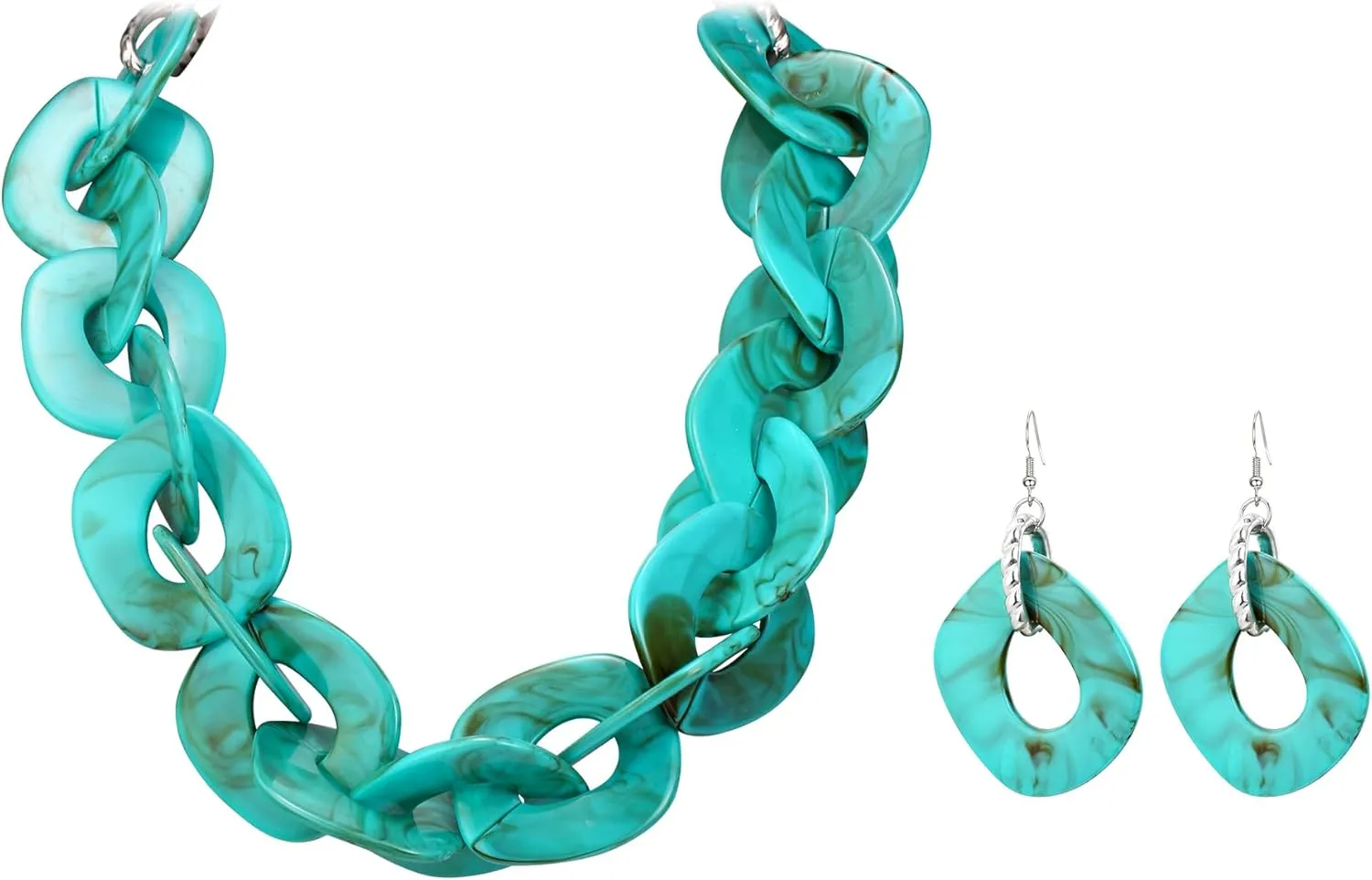 Flyonce Acrylic Resin Cuban Link Chain Chunky Statement Collar Necklace with Earrings Set, Bohemian Style Boho Jewelry Set for Women Turquoise Blue