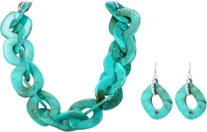 Flyonce Acrylic Resin Cuban Link Chain Chunky Statement Collar Necklace with Earrings Set, Bohemian Style Boho Jewelry Set for Women Turquoise Blue