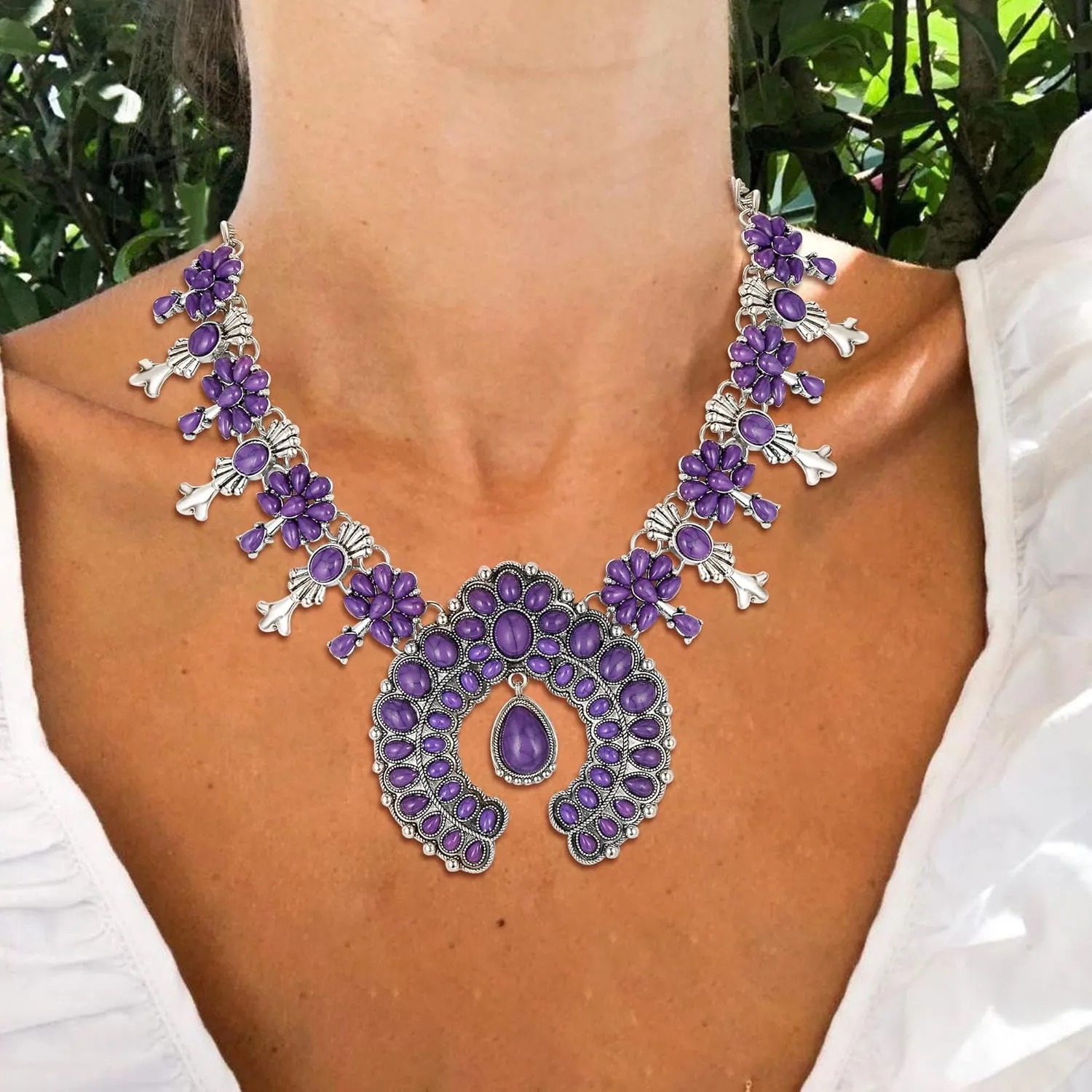 Flyonce Bohemian Turquoise Collar Necklace, Art Deco Flower Costume Statement Necklace for Women