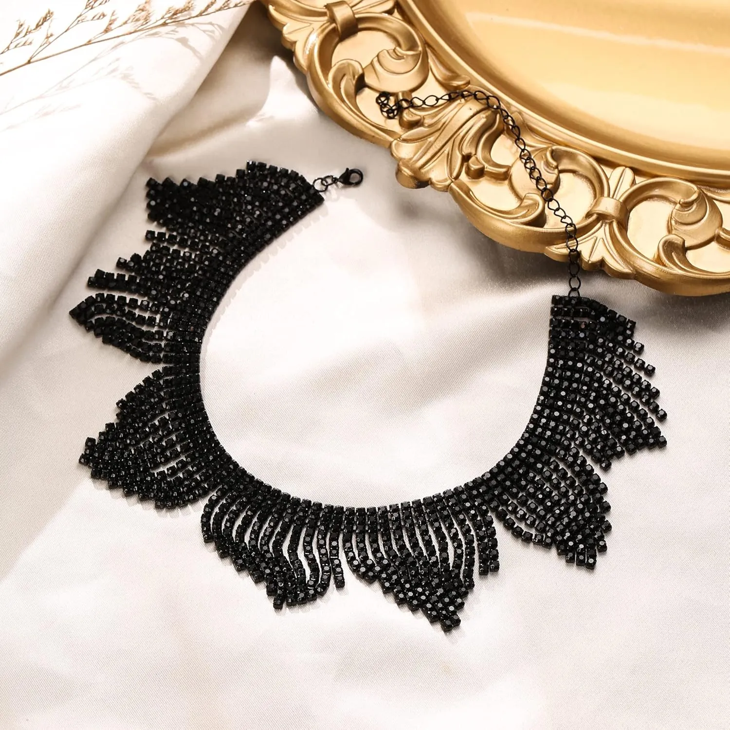 Flyonce Rhinestone Choker Necklace, Sparkly Crystal Tassel Fringe Neck Chain Party RaveJewelry for Women