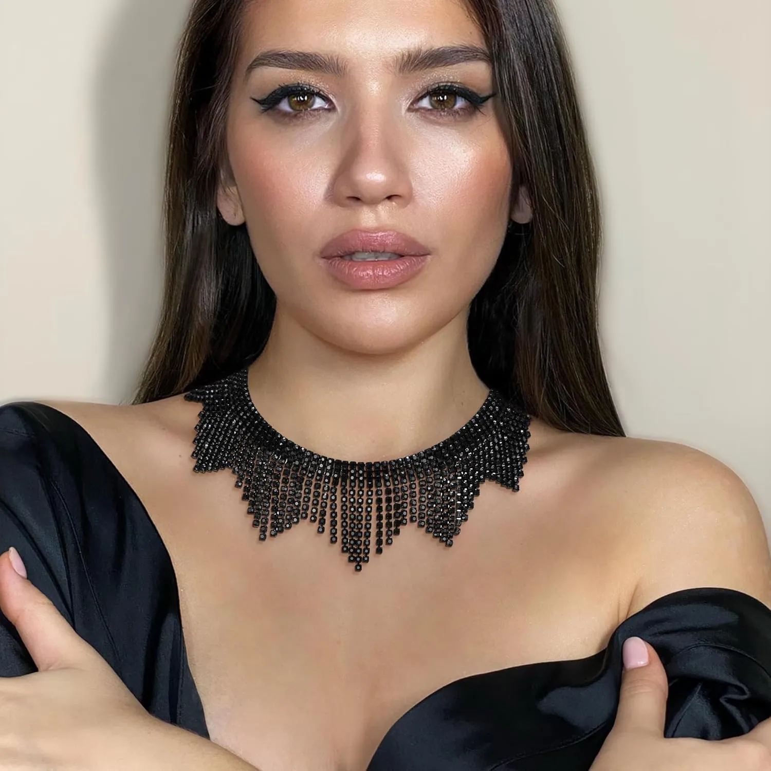 Flyonce Rhinestone Choker Necklace, Sparkly Crystal Tassel Fringe Neck Chain Party RaveJewelry for Women