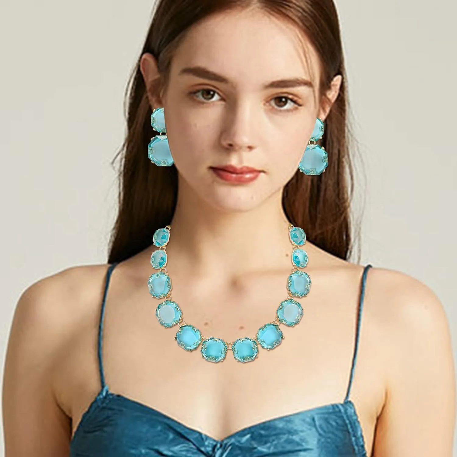 Flyonce Rhinestone Statement Choker Necklace Earrings Set, Round Crystal Bohemian Art Deco Costume Jewelry Set for Women