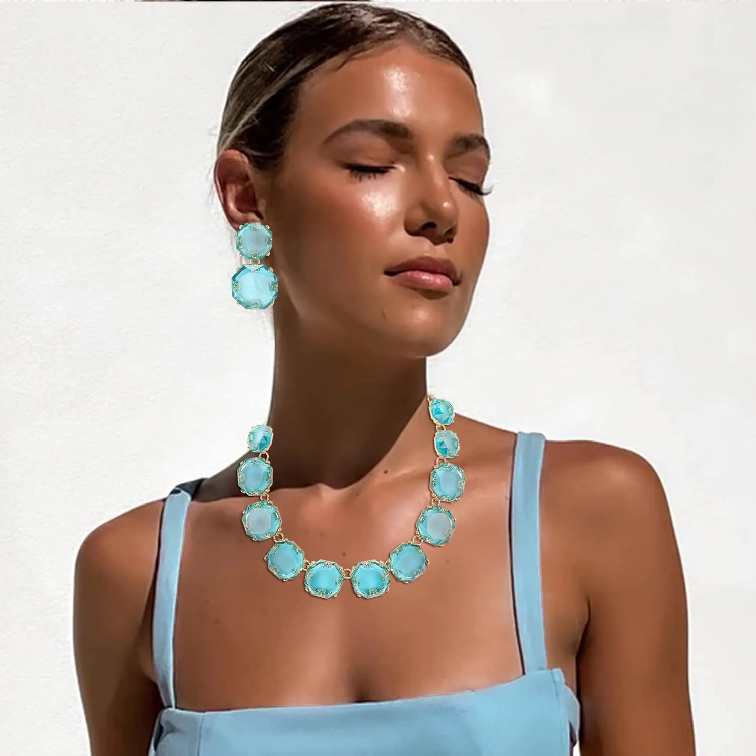Flyonce Rhinestone Statement Choker Necklace Earrings Set, Round Crystal Bohemian Art Deco Costume Jewelry Set for Women