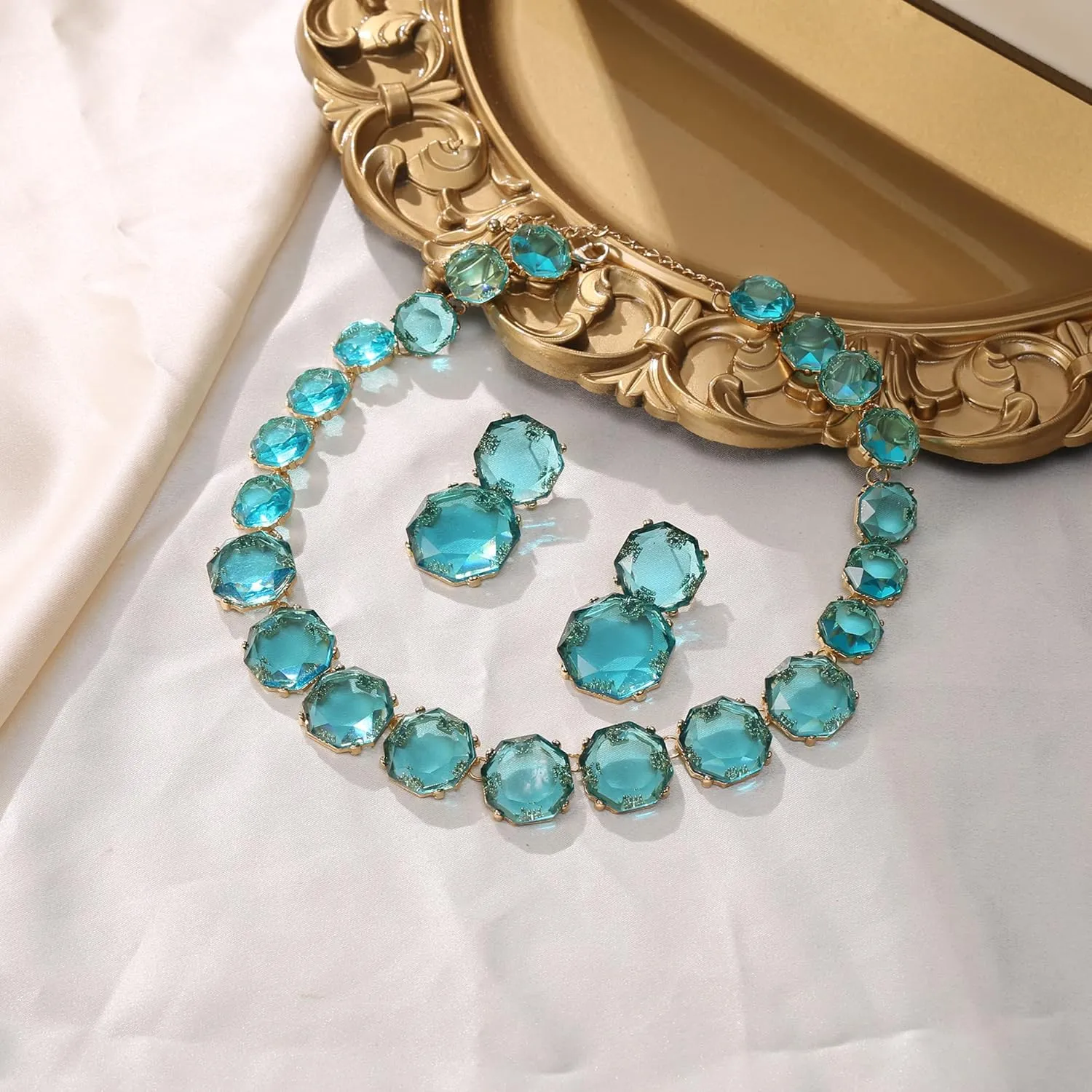 Flyonce Rhinestone Statement Choker Necklace Earrings Set, Round Crystal Bohemian Art Deco Costume Jewelry Set for Women