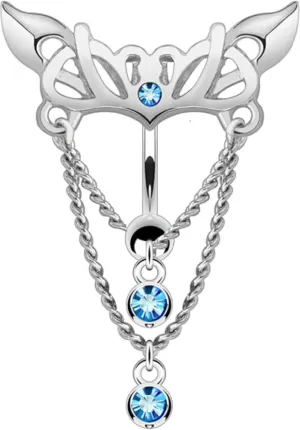 Forbidden Body Jewelry Surgical Steel Reverse Mount Sexy Tribal Aqua CZ Jeweled Chains Dangle Belly Button Ring