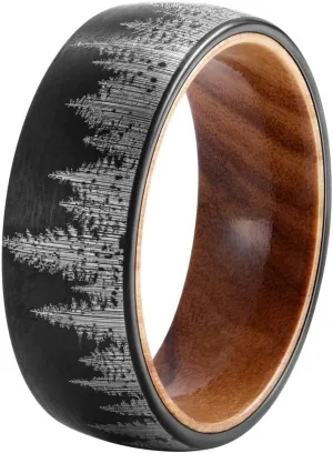Forest Rings for Men 8 mm Black Plated Wedding Band with Wood Liner Comfort Fit