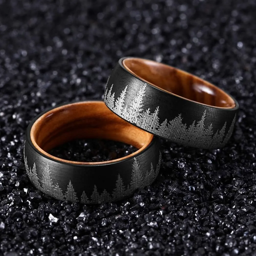 Forest Rings for Men 8 mm Black Plated Wedding Band with Wood Liner Comfort Fit