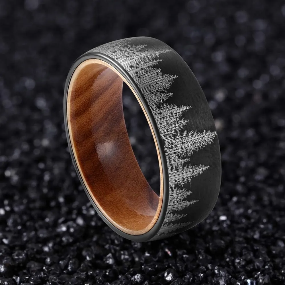 Forest Rings for Men 8 mm Black Plated Wedding Band with Wood Liner Comfort Fit