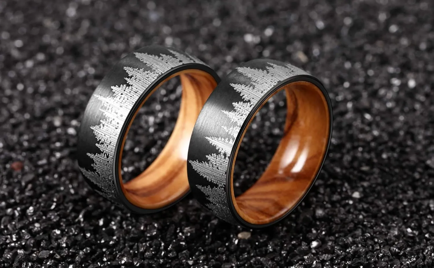 Forest Rings for Men 8 mm Black Plated Wedding Band with Wood Liner Comfort Fit