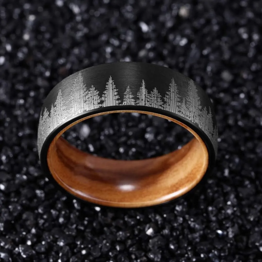 Forest Rings for Men 8 mm Black Plated Wedding Band with Wood Liner Comfort Fit
