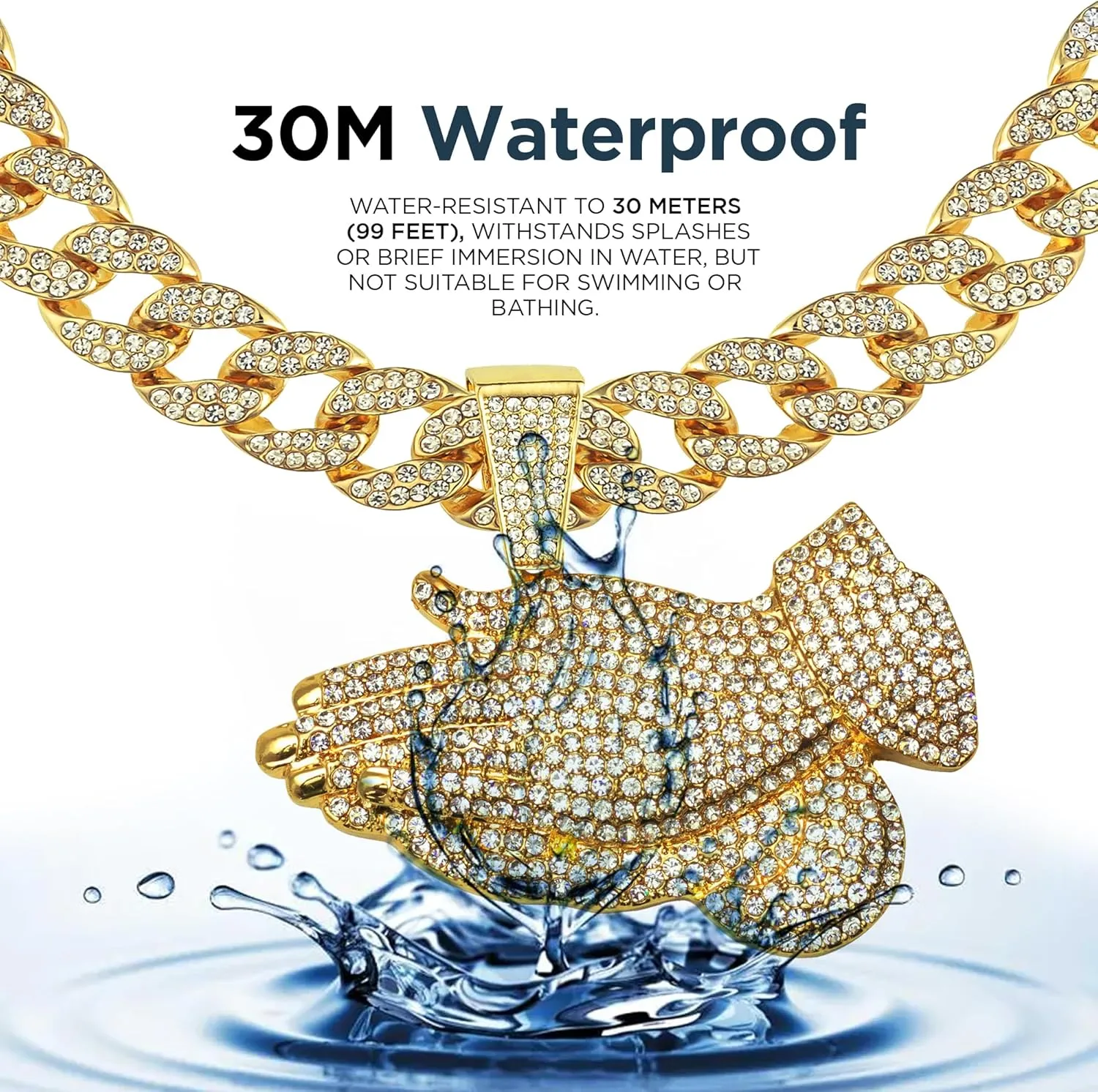Full Iced Gold Plated Hip Hop Lab Diamond Large Praying Hand Pendant & 16" ~ 24" Ice Cuban Link Necklace Chain Bling Set