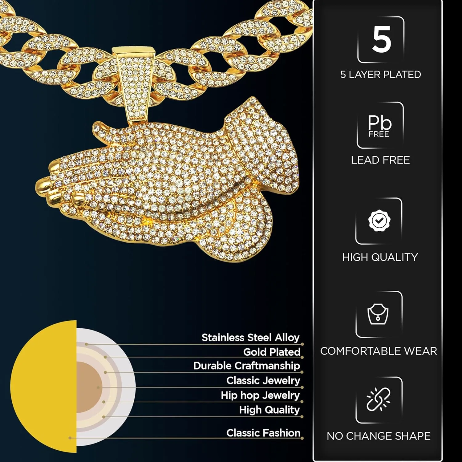 Full Iced Gold Plated Hip Hop Lab Diamond Large Praying Hand Pendant & 16" ~ 24" Ice Cuban Link Necklace Chain Bling Set