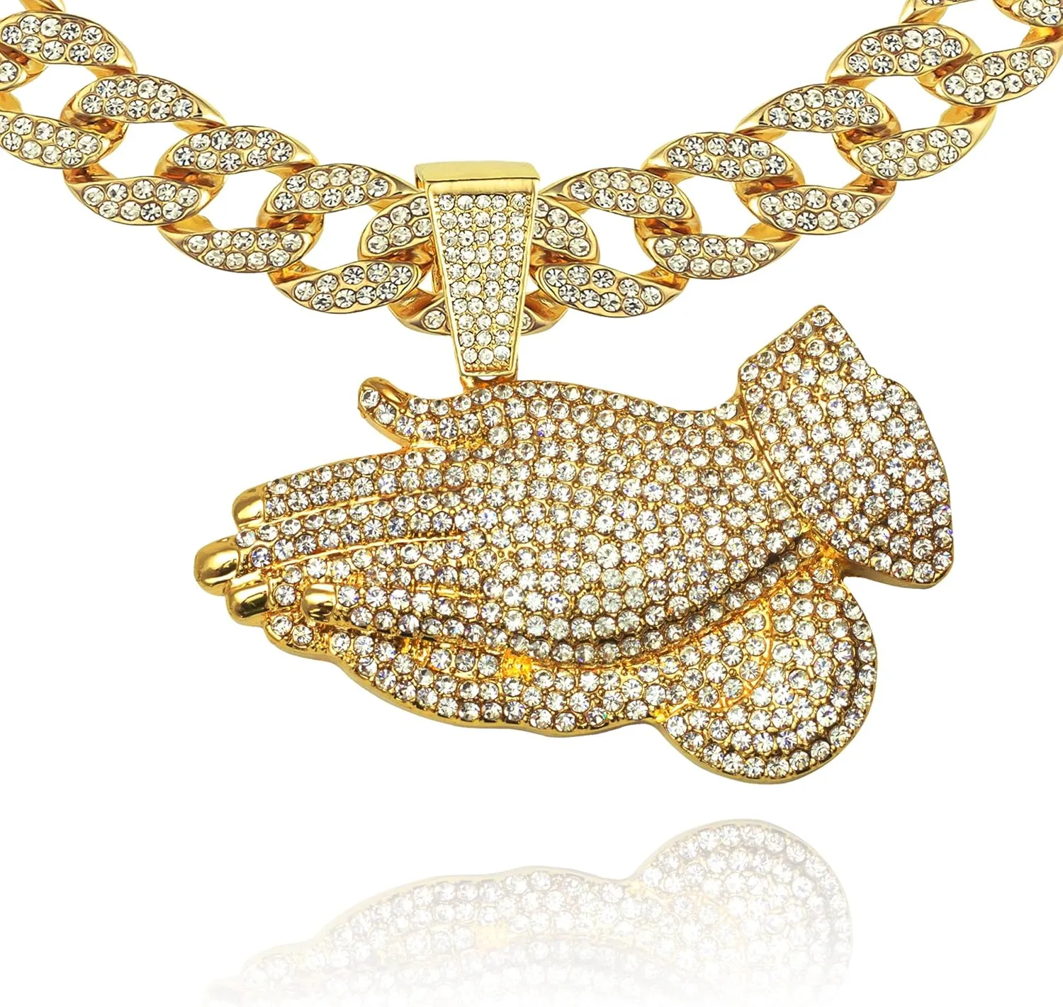 Full Iced Gold Plated Hip Hop Lab Diamond Large Praying Hand Pendant & 16" ~ 24" Ice Cuban Link Necklace Chain Bling Set