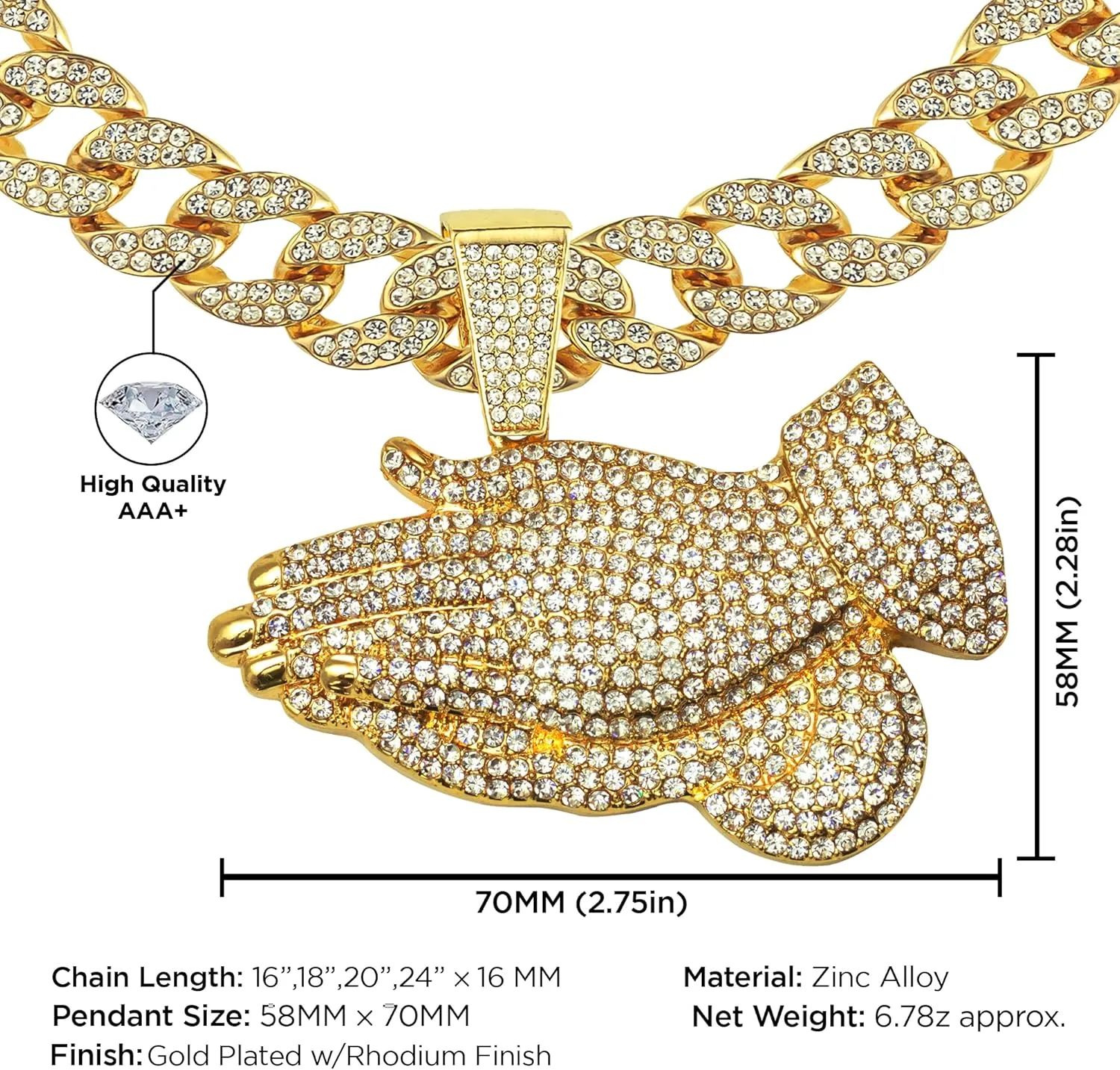 Full Iced Gold Plated Hip Hop Lab Diamond Large Praying Hand Pendant & 16" ~ 24" Ice Cuban Link Necklace Chain Bling Set