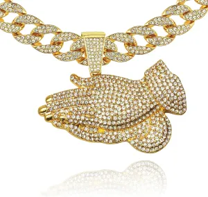 Full Iced Gold Plated Hip Hop Lab Diamond Large Praying Hand Pendant & 16" ~ 24" Ice Cuban Link Necklace Chain Bling Set
