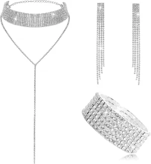 Fumwase 3 Pcs Prom Jewelry Sets Silver Prom Choker Necklace Dangling Rhinestone Earrings Bracelet Bridal Jewelry Set for Party Prom Wedding Jewelry Set for Bride Bridesmaid Women Costume Accessory Set
