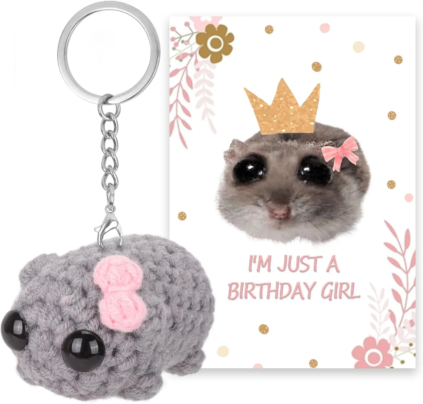 FunisFun Tiktok Sad Hamster Meme Plush, Cute Crochet Sad Hamster Meme Bow Keychain with Affirmation Card for Women Girls Birthday Gifts Dcor