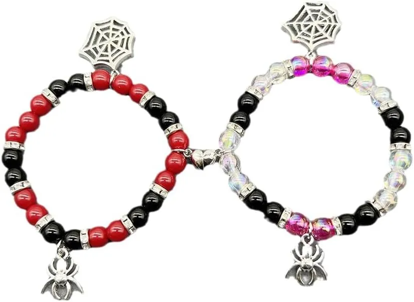 Fuqimanman2020 2pcs Christmas Xmas Spider Web Friendship Bracelets Set Charms Strand Love Heart Energy Stone Relationship Couple Matching Attraction Distance BFF Party Halloween Jewelry
