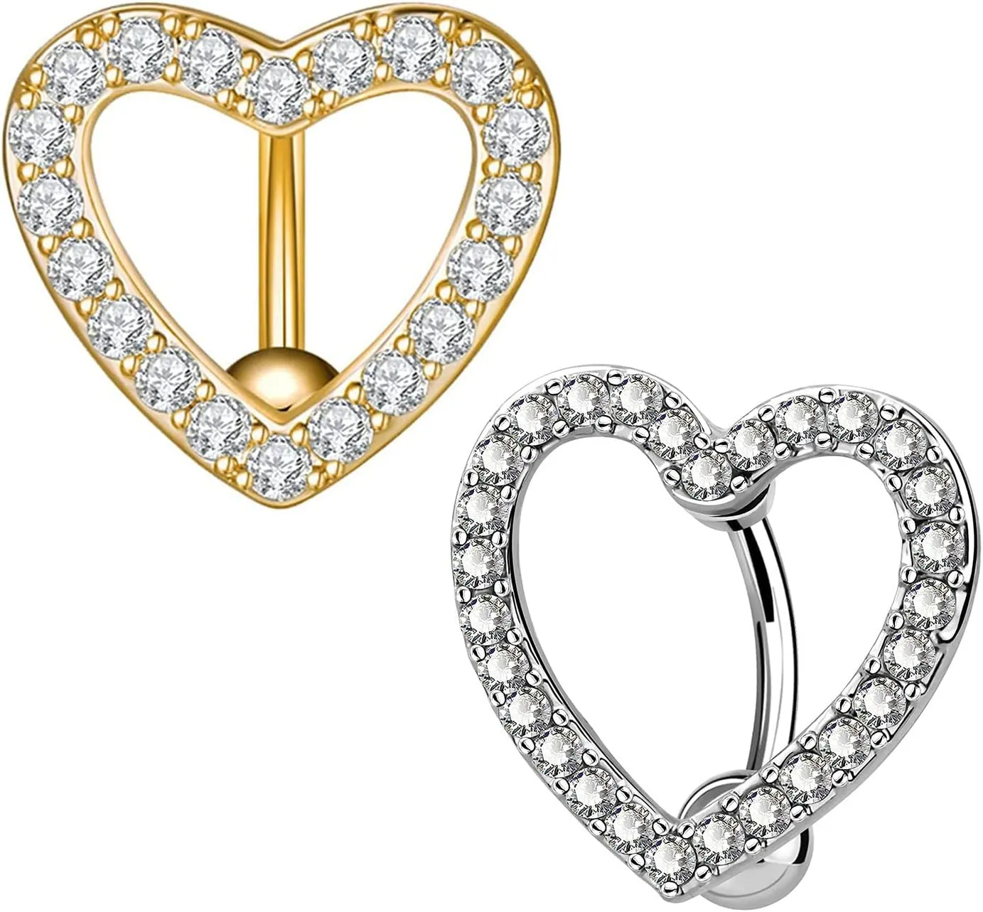 Fuqimanman2020 2pcs Love Heart Belly Button Rings Crystal CZ Pave Top Down 14G Surgical Steel Navel Reverse Hinged Belly Rings Body Piercing for Women Hypoallergenic Sexy Beach Summer Jewelry