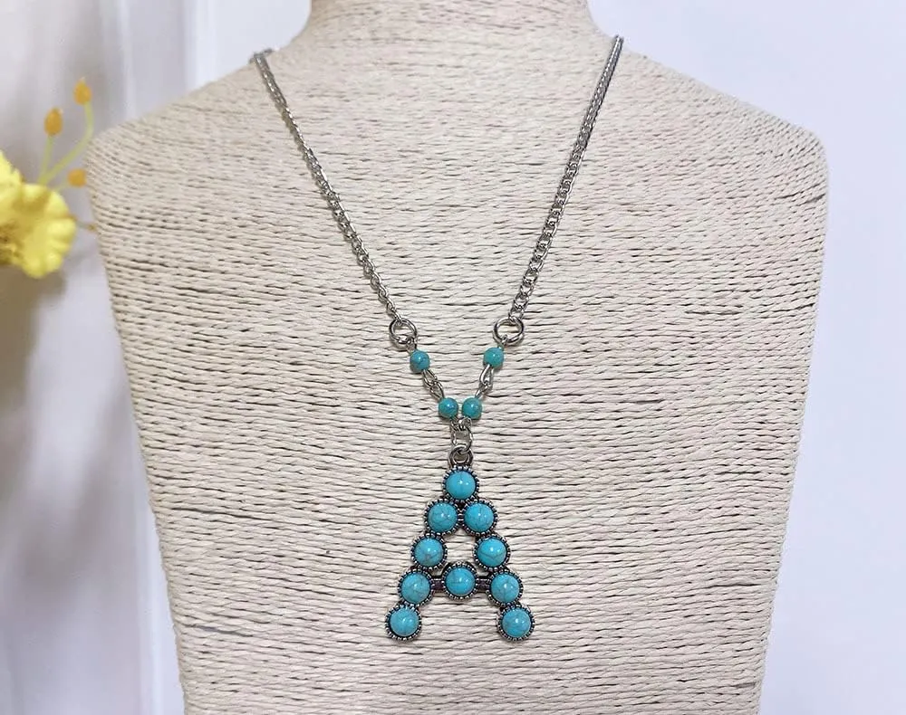 Fuqimanman2020 Boho Western Cowgirl Turquoise Initial Letter Pendant Necklace A-Z Hippie Natural Stone for Women Girls Bohemian Personalized Jewelry