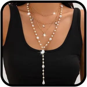 Gangel Y Pendant Necklace Layered Pearl Necklace Multilayer Pearl Bead Choker Necklace Long Faux Pearls Necklaces Vintage Jewelry Water Drop Pearl Necklace for Women