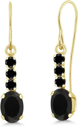 Gem Stone King 10K Yellow Gold Black Onyx and Black Diamond Drop Dangle Earrings For Women (0.98 Cttw, Gemstone December Birthstone, Oval 6X4MM)