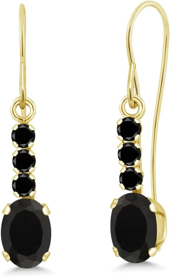Gem Stone King 10K Yellow Gold Black Onyx and Black Diamond Drop Dangle Earrings For Women (0.98 Cttw, Gemstone December Birthstone, Oval 6X4MM)