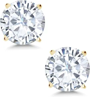 Gem Stone King 14K Yellow Gold White Moissanite 4 Prong Stud Earrings | 1.60 Cttw | Round 6MM | Gold Earrings For Women Men