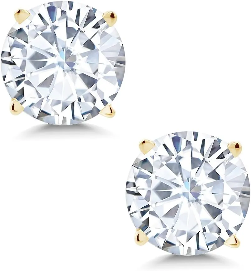 Gem Stone King 14K Yellow Gold White Moissanite 4 Prong Stud Earrings | 1.60 Cttw | Round 6MM | Gold Earrings For Women Men