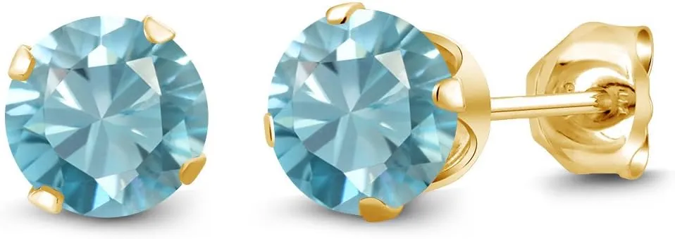 Gem Stone King 18K Yellow Gold Plated Silver Blue Zircon Stud Earrings For Women Men (1.70 Cttw, Round 5MM)