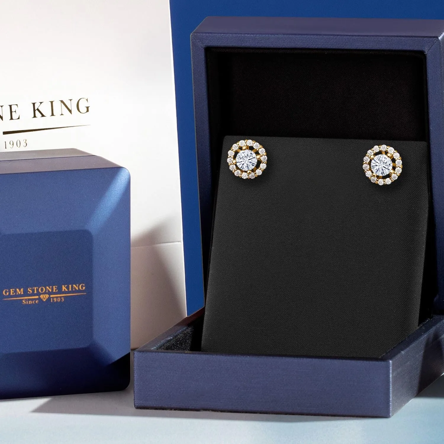 Gem Stone King 18K Yellow Gold Plated Silver Gemstone Birthstone and White Moissanite Earrings | Studs with Removable Jackets for Women | Center Round 5MM