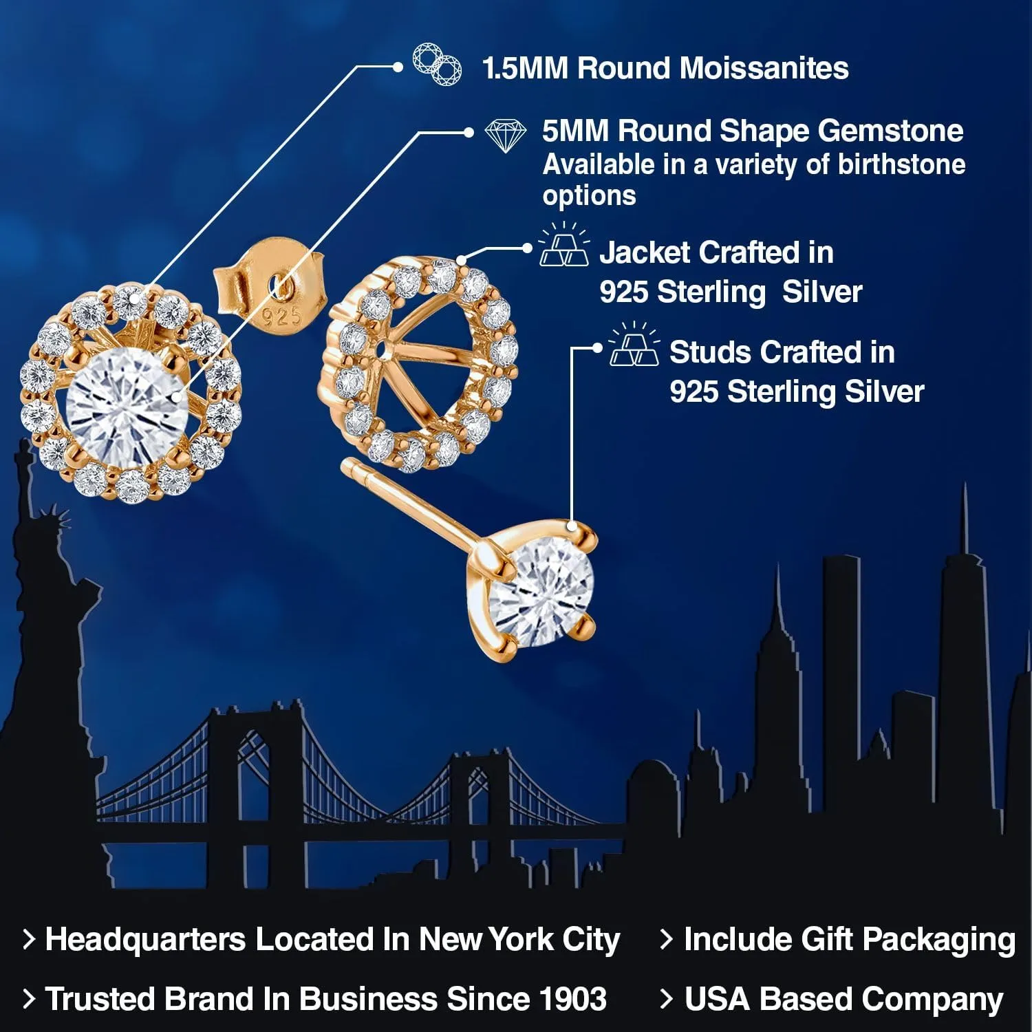 Gem Stone King 18K Yellow Gold Plated Silver Gemstone Birthstone and White Moissanite Earrings | Studs with Removable Jackets for Women | Center Round 5MM