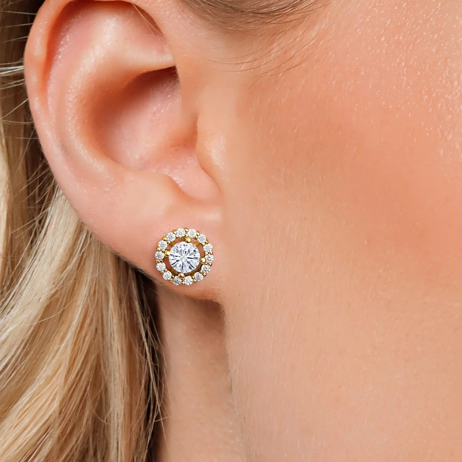 Gem Stone King 18K Yellow Gold Plated Silver Gemstone Birthstone and White Moissanite Earrings | Studs with Removable Jackets for Women | Center Round 5MM
