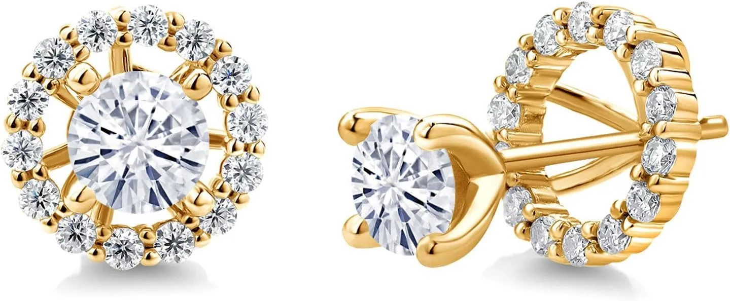 Gem Stone King 18K Yellow Gold Plated Silver Gemstone Birthstone and White Moissanite Earrings | Studs with Removable Jackets for Women | Center Round 5MM