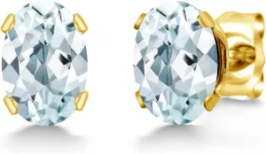 Gem Stone King 18K Yellow Gold Plated Silver Sky Blue Aquamarine Stud Earrings For Women Men | 1.00 Cttw | Gemstone March Birthstone | Oval 6X4MM